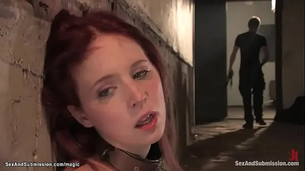HD Redhead slave Megan Murray chaied to the wall in squating position and gets whipped then suspended above bed and bound to device big dick fucked by James Deen drive Tube